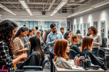 Estudiantes en un curso de peluquería aprendiendo técnicas avanzadas.
