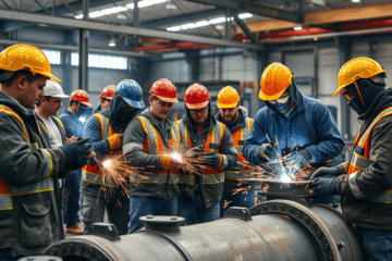 Estudiantes practicando técnicas de soldadura en un curso intensivo para calificación en grandes obras.