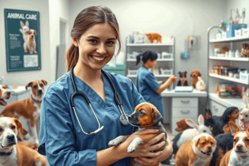 Imagen de un estudiante en el curso de Auxiliar de Veterinaria, aprendiendo sobre el cuidado de animales.