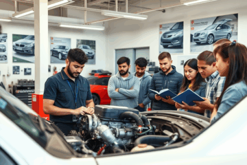 Estudiantes aprendiendo mecánica automotriz en un curso práctico.