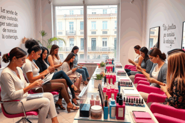 Imagen de una sesión de formación sobre extensión de uñas mostrando técnicas innovadoras de marketing y negocio.