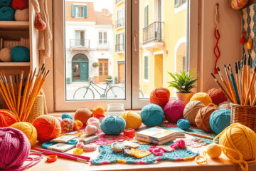 Imagen de un crochet avanzado con hilos coloridos y una aguja de croché, representando el arte de crear piezas únicas y rentables.