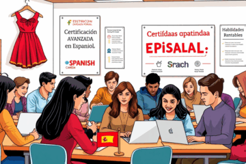 Persona estudiando para obtener la certificación avanzada en español, enfocándose en habilidades globales y rentables.