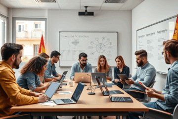 Un emprendedor utilizando herramientas informáticas en su computadora portátil para optimizar su negocio.