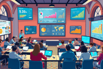 Ilustración de una masterclass sobre marketing digital enfocada en el alto retorno de inversión con gráficos de datos y redes sociales.