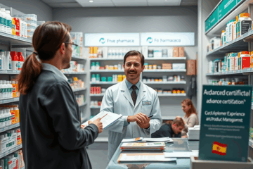 Imagen de un farmacéutico realizando una dispensación eficiente de medicamentos en una farmacia.