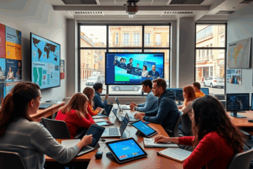 Imagen destacada de una clase interactiva sobre proyectos multimedia rentables.