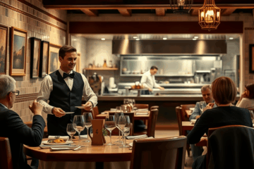 Imagen de un camarero ejecutivo ofreciendo un servicio de alta calidad en un restaurante.