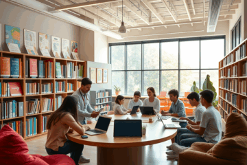 Imagen de un auxiliar organizando libros en una biblioteca escolar.