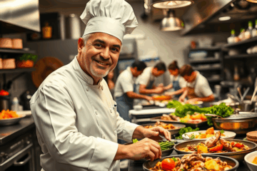 Imagen de un chef profesional en la cocina practicando técnicas culinarias avanzadas.