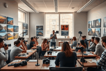 Estudiante utilizando una cámara profesional durante el curso avanzado de fotografía en el Instituto FotoArte.