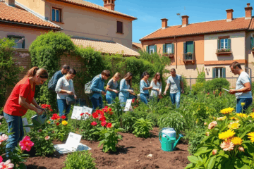Estudiantes participando en un curso de jardinería práctica en la Academia JardínVivo, aprendiendo sobre cultivos y mantenimiento de jardines.