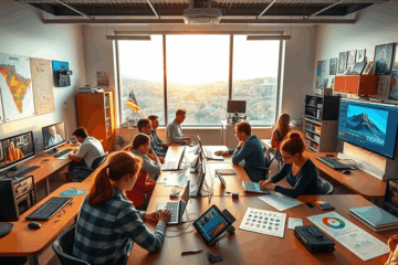 Estudiantes participando en un curso avanzado de producción multimedia en un laboratorio técnico