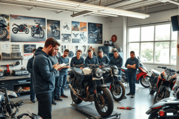 Imagen de estudiantes trabajando en la reparación de una motocicleta durante el curso de Mecánica de Motos de MotoService Academy.